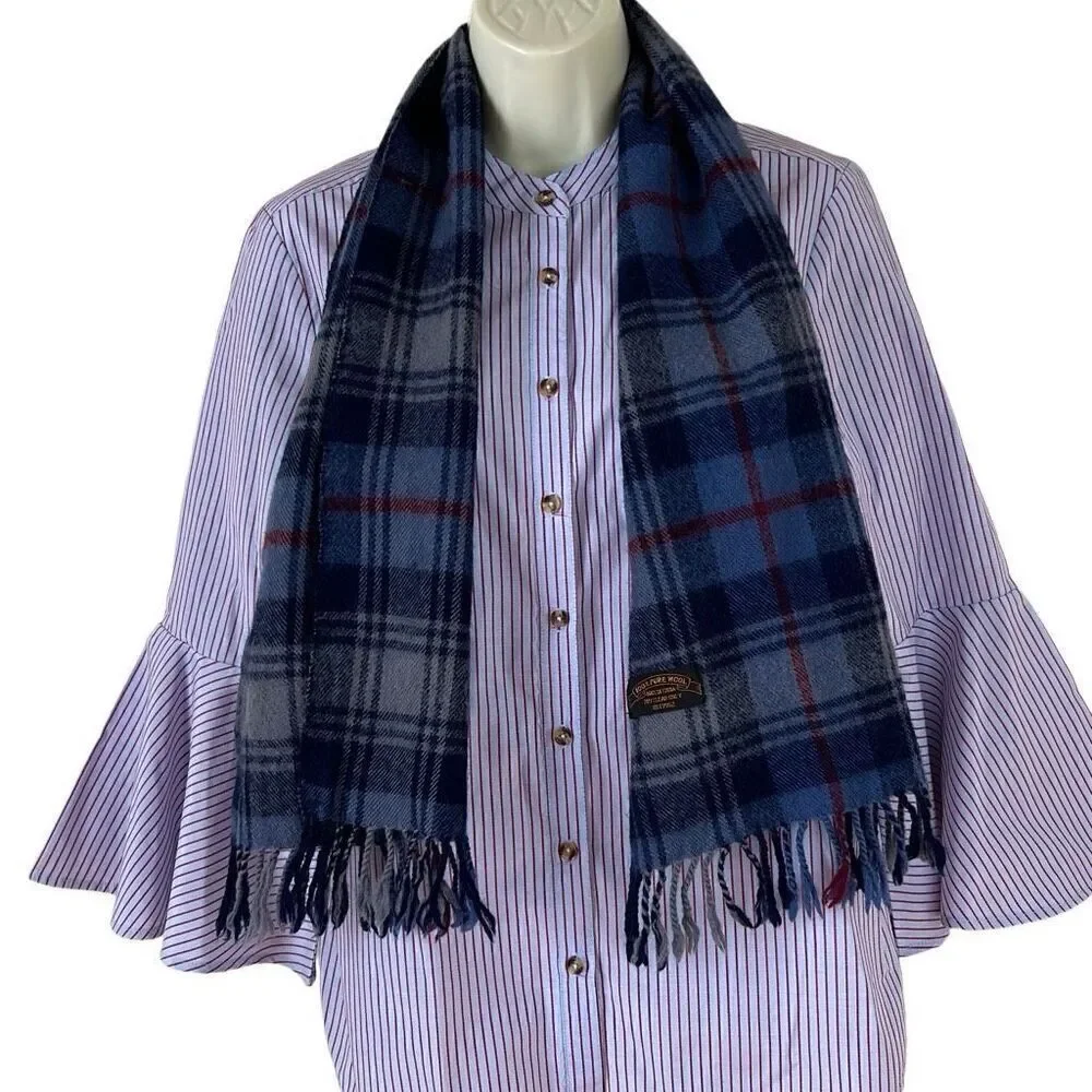 Vintage Plaid 100% Wool Blue and Red Scarf
